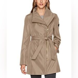 Calvin Klein Coat Size XS Womens Asymmetrical Water Resistant Belted Green Brown